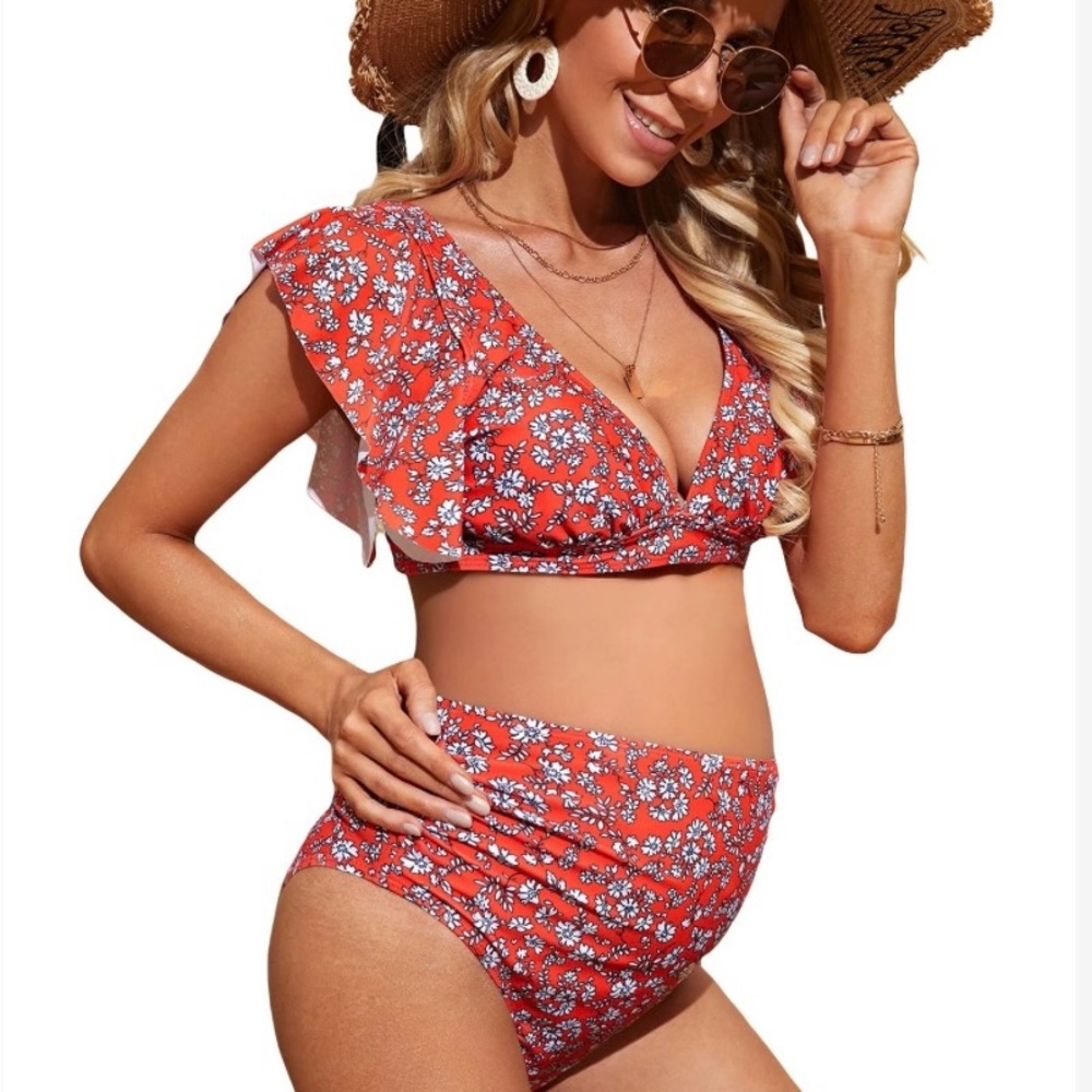 Maternity Swimsuit MakeMeChic Medium Floral Red Pregnancy